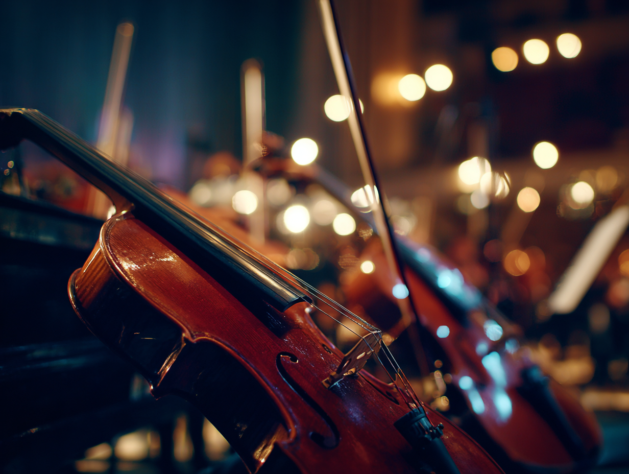 Close-up of violins and bows